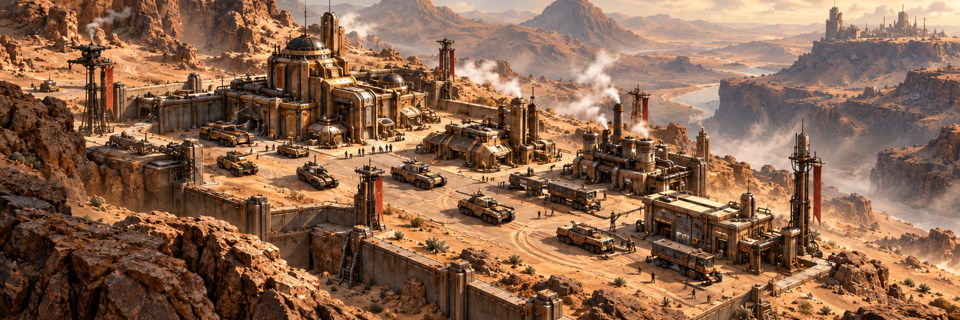 Concept art of an isometric desert outpost, with detailed refineries, armored units and harvesters on a rocky plateau.