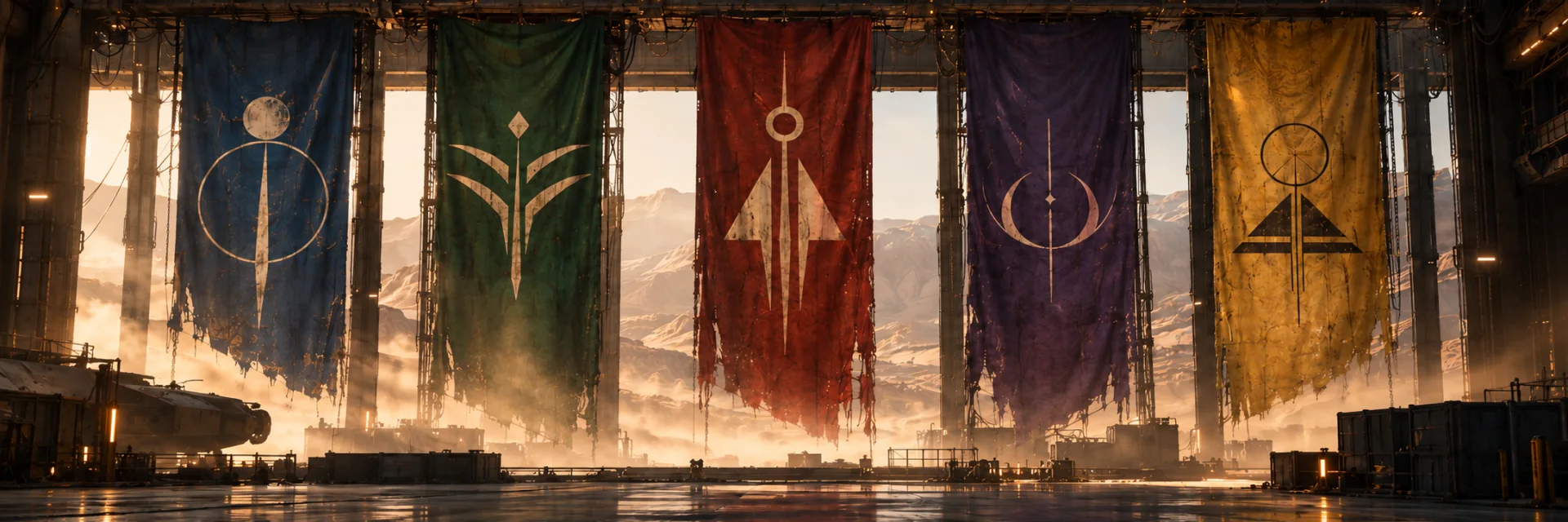 Five weathered banners in blue, green, red, purple and yellow, hanging in a desert hangar. Early visual concepts for the factions.